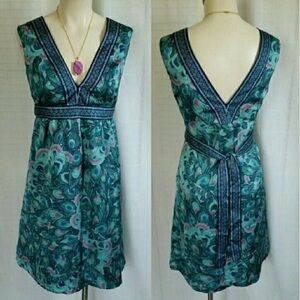 Peacock feather print deep-V dress